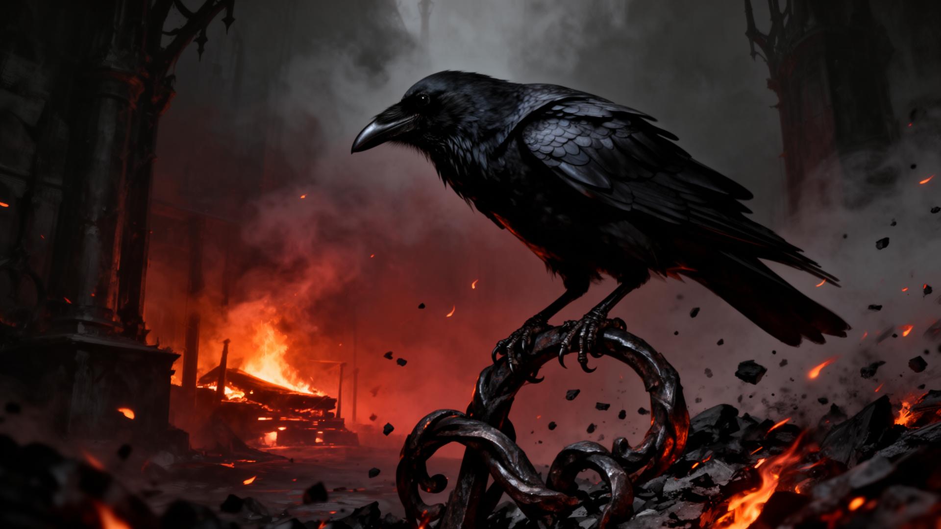 Black raven amid forge embers